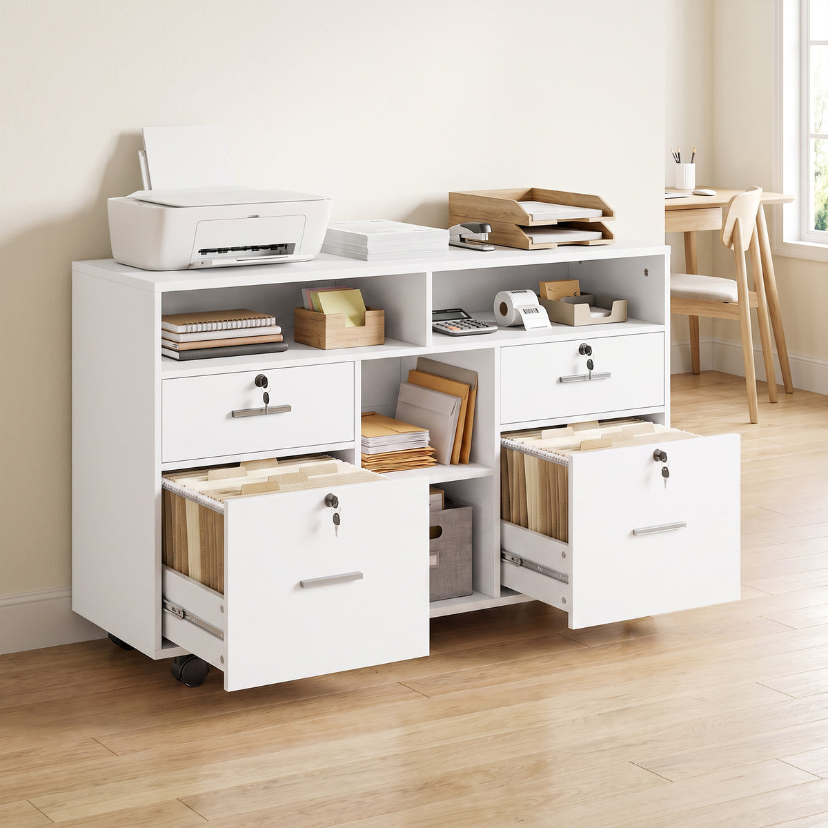 Mobile Locking File Cabinet with Open Shelves