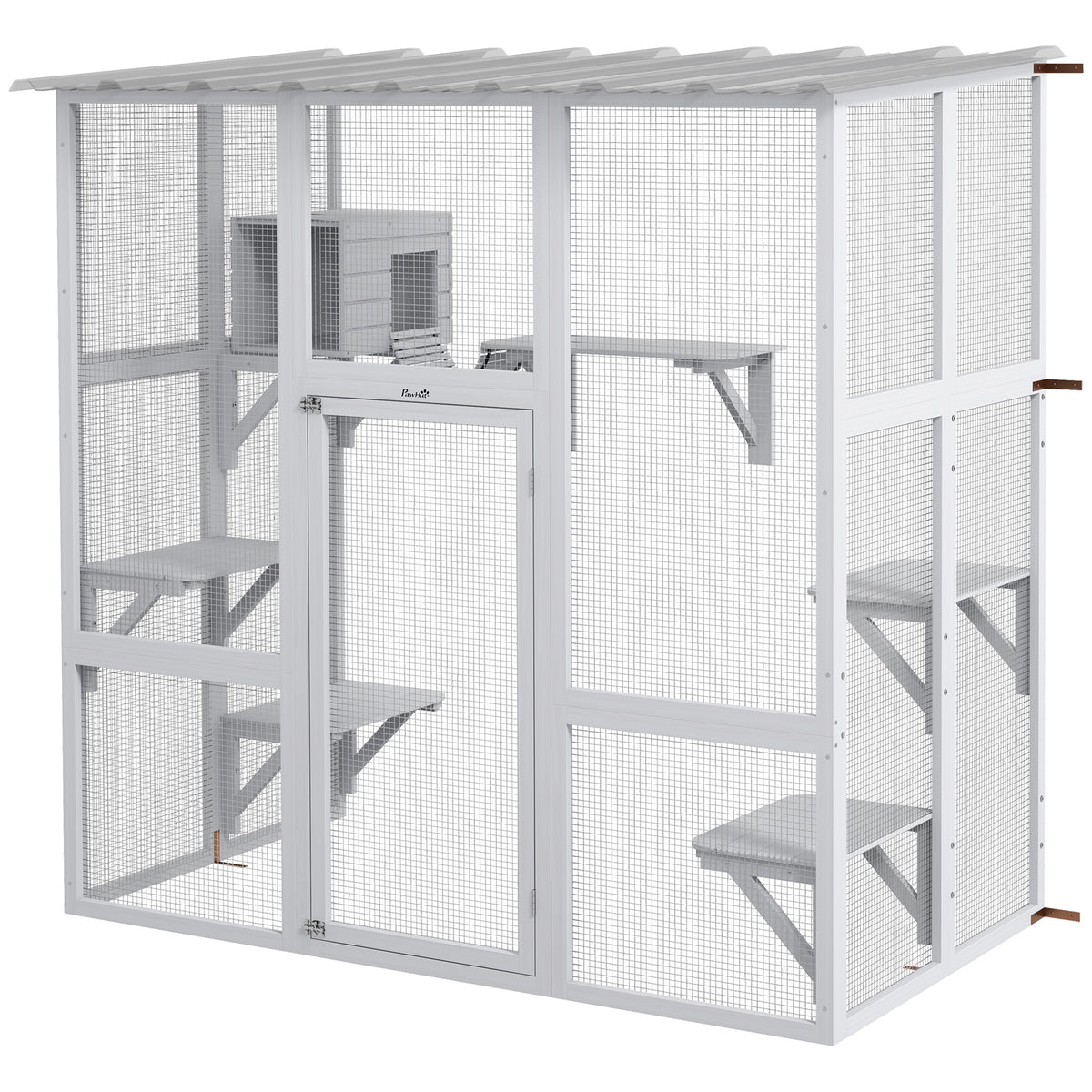 Multi-level outdoor cat enclosure with transparent roof