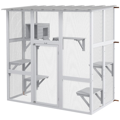 Multi-level outdoor cat enclosure with transparent roof