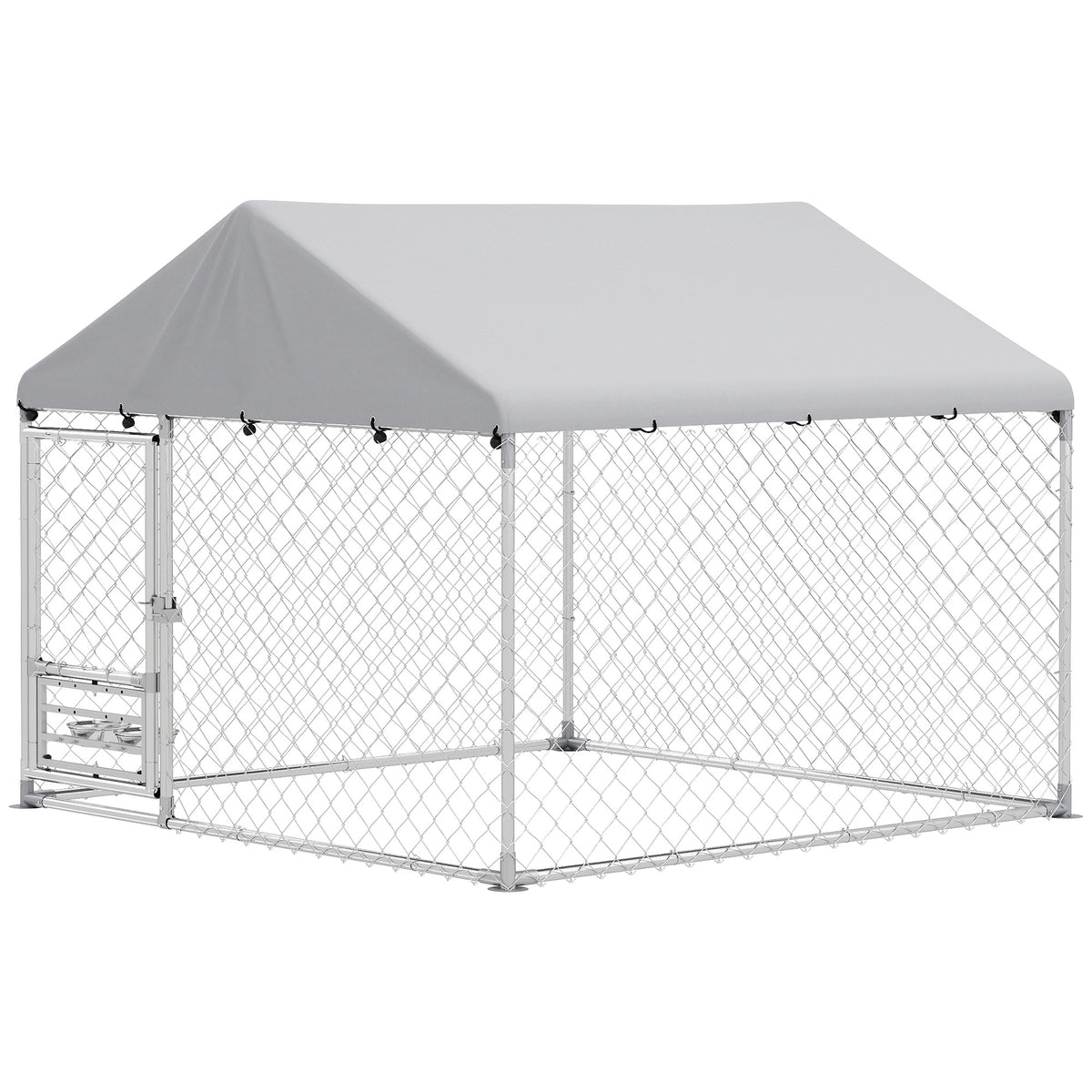 Outdoor dog kennel with bowls and resistant cover