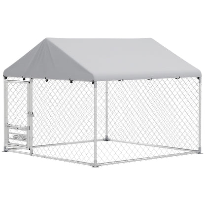 Outdoor dog kennel with bowls and resistant cover