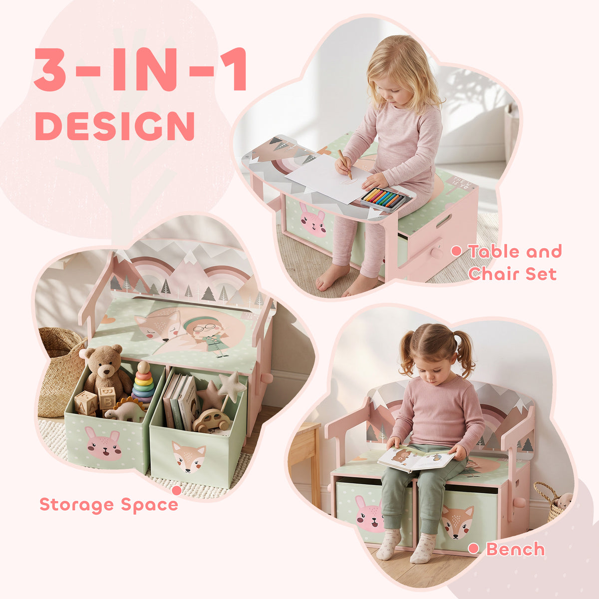 3-in-1 convertible wooden toy storage chest