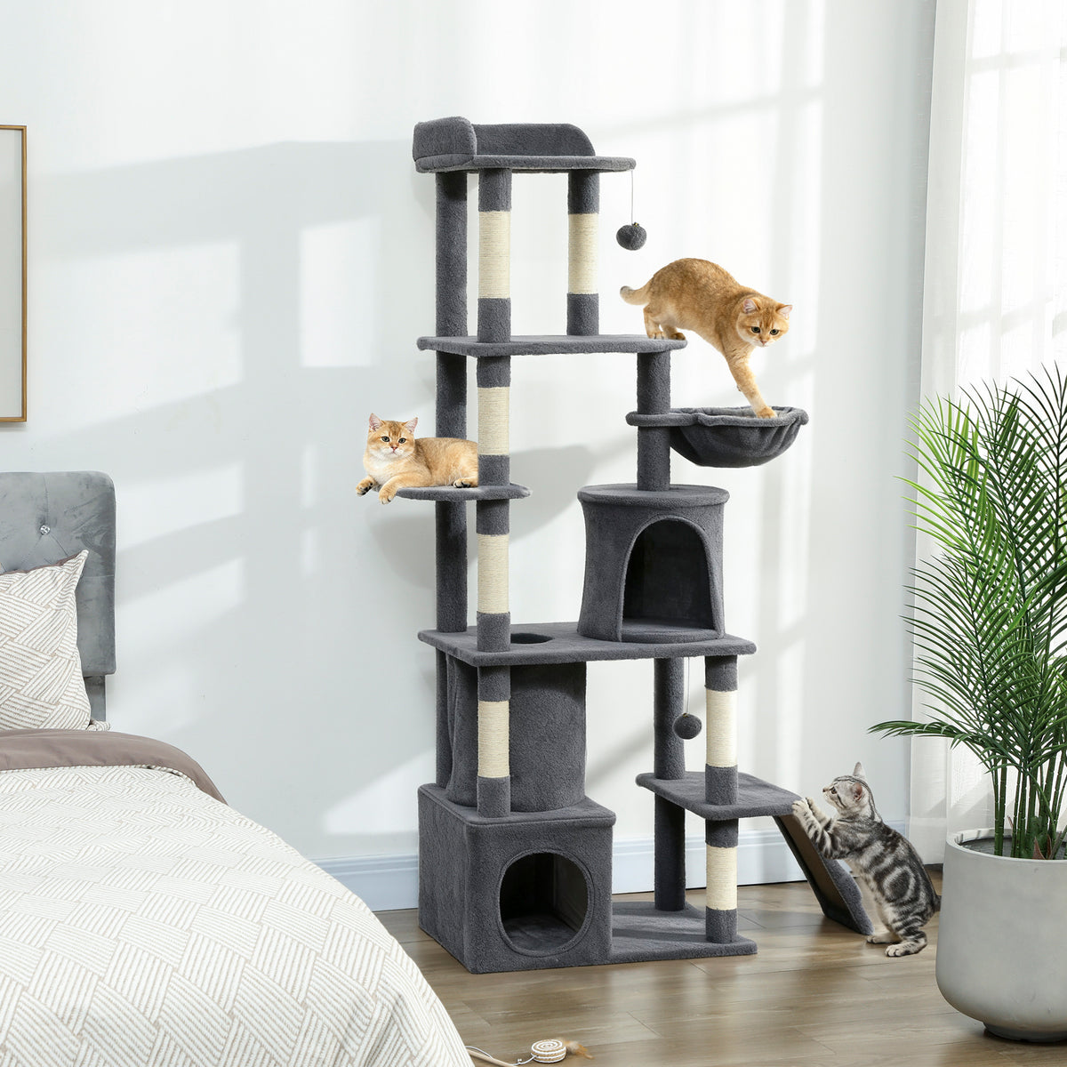 67" Multi-Level Cat Tree with 7 Scratching Posts — Dark Grey