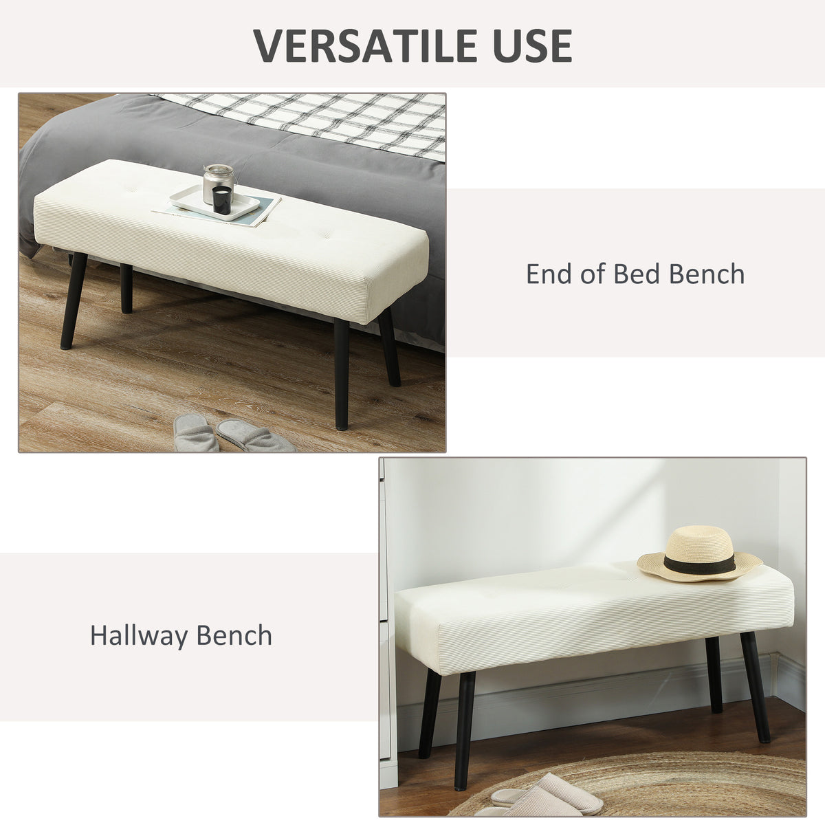 Tufted Corduroy Upholstered Bench with Steel Legs