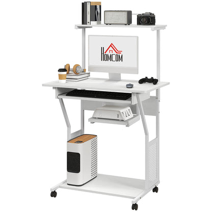 Mobile computer desk with shelves and rolling wheels