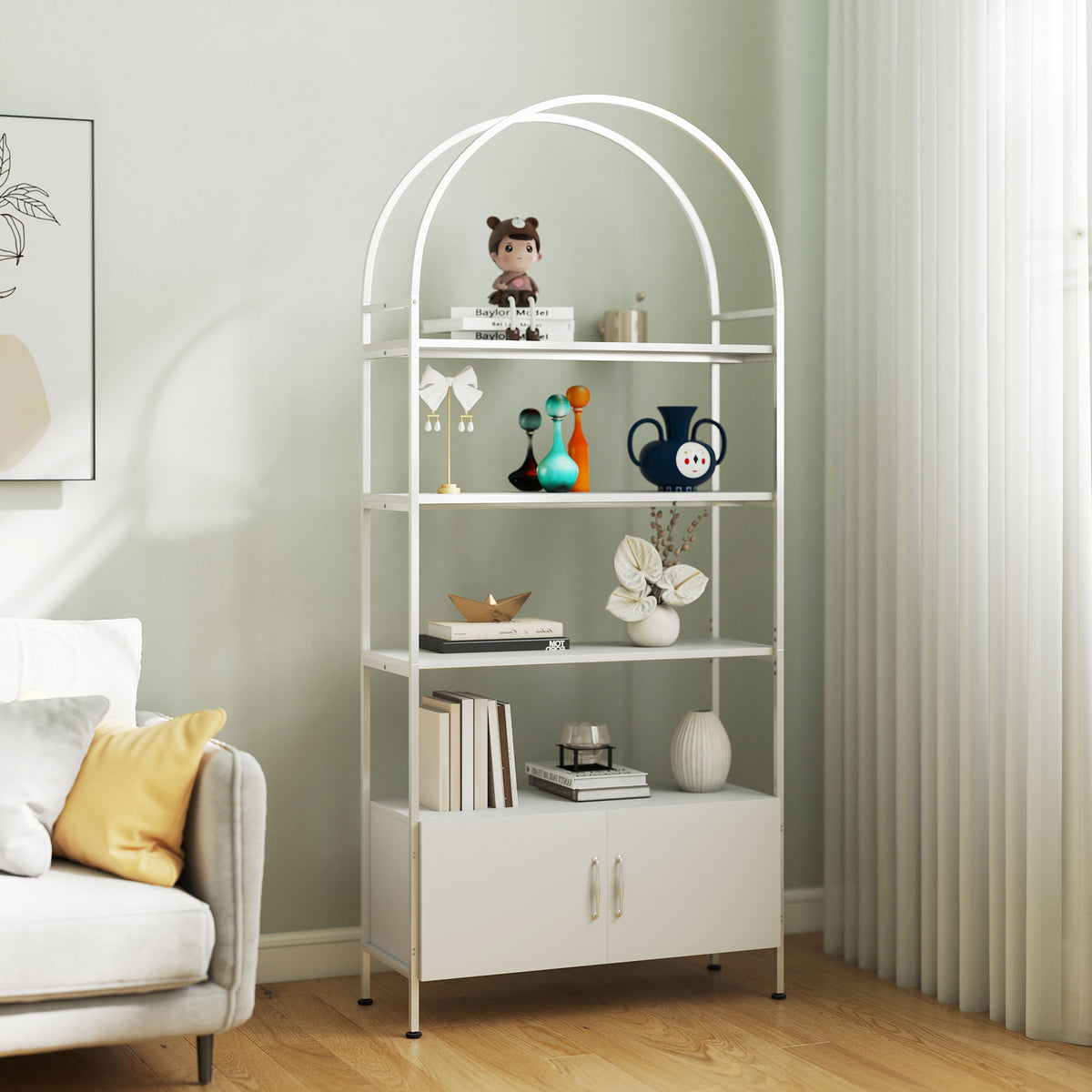 Librería arqueada de 4 niveles con mueble de almacenamiento