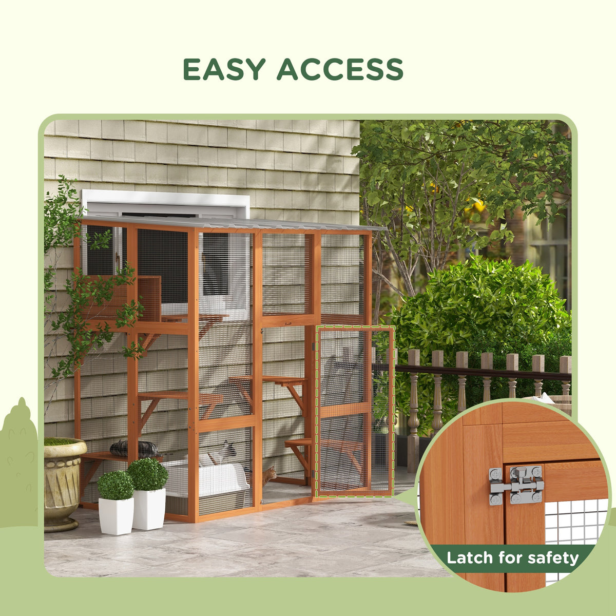 Multi-level outdoor cat enclosure with transparent roof