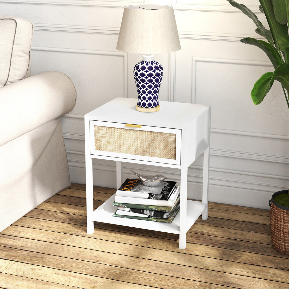 Boho Nightstand with Rattan Drawer