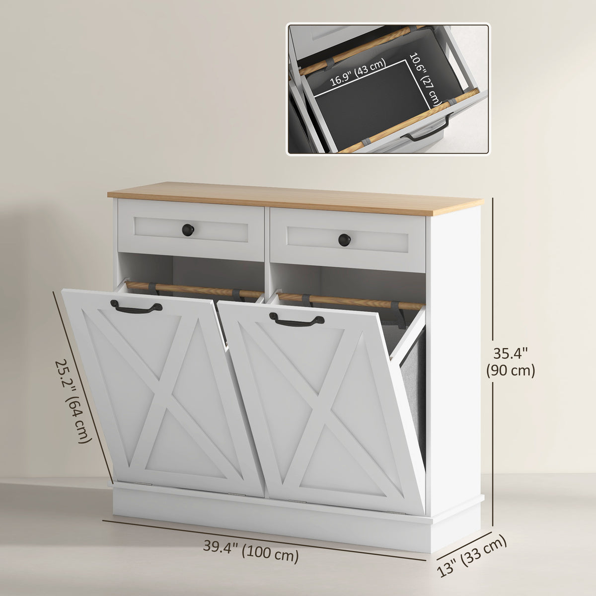 Tilt out laundry cabinet with drawers