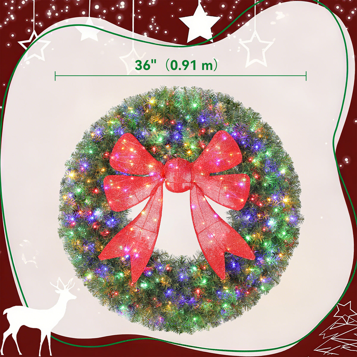 Pre-Lit Christmas Wreath 3D Bow 91 cm