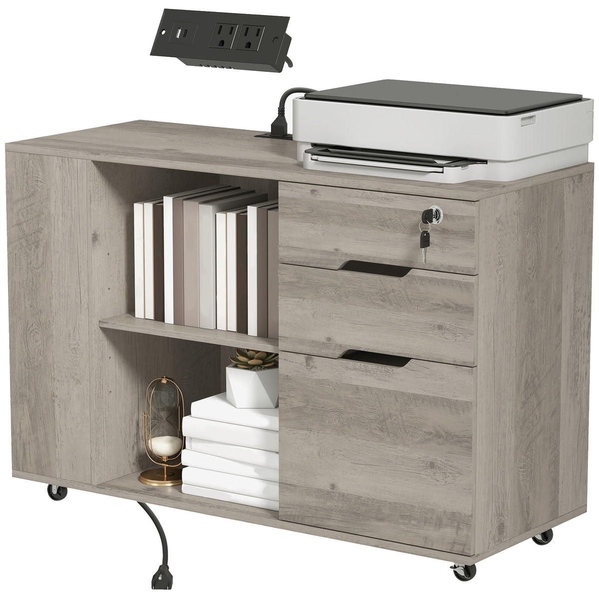 Mobile File Cabinet with Power Outlets and Lock