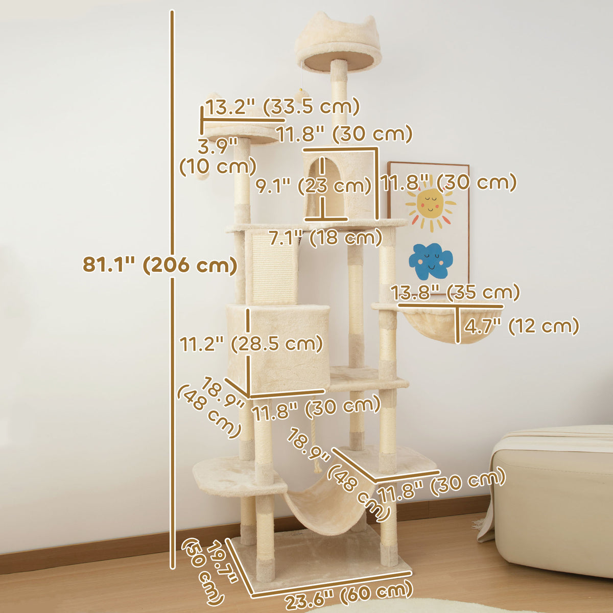 Árbol para gatos multinivel de 81 pulg. con rascadores