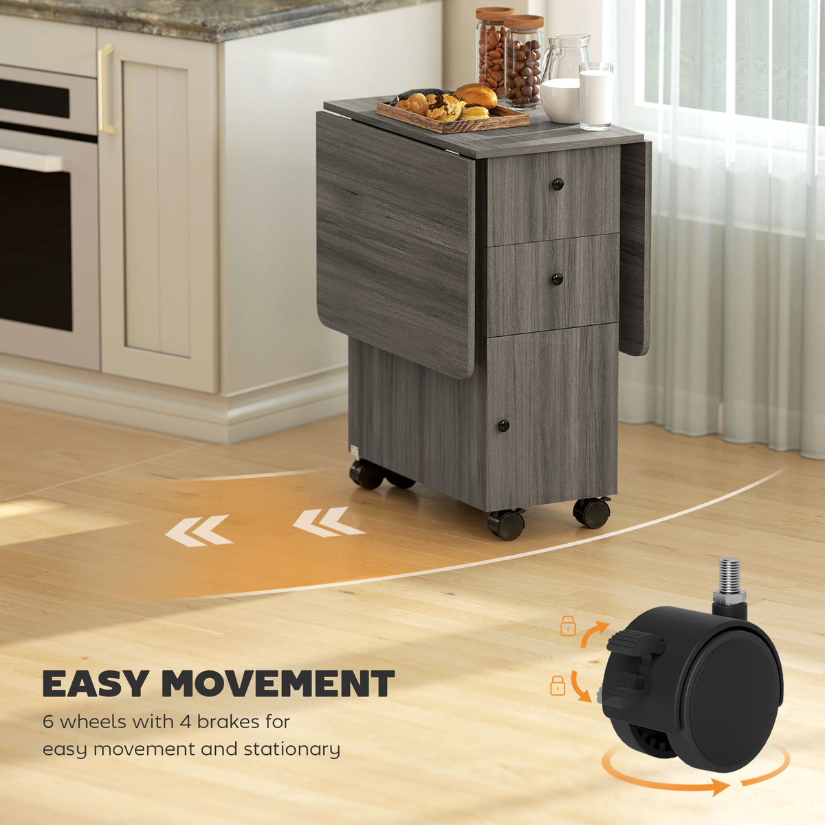 Mesa de comedor plegable y abatible con almacenamiento y ruedas