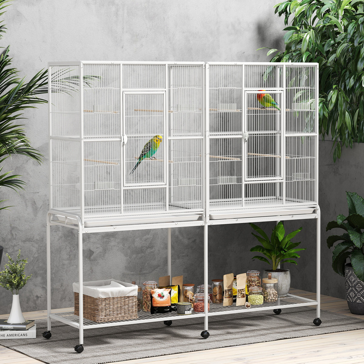 Large Rolling Bird Cage with Perches and Feeder Cups