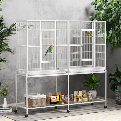 Large Rolling Bird Cage with Perches and Feeder Cups