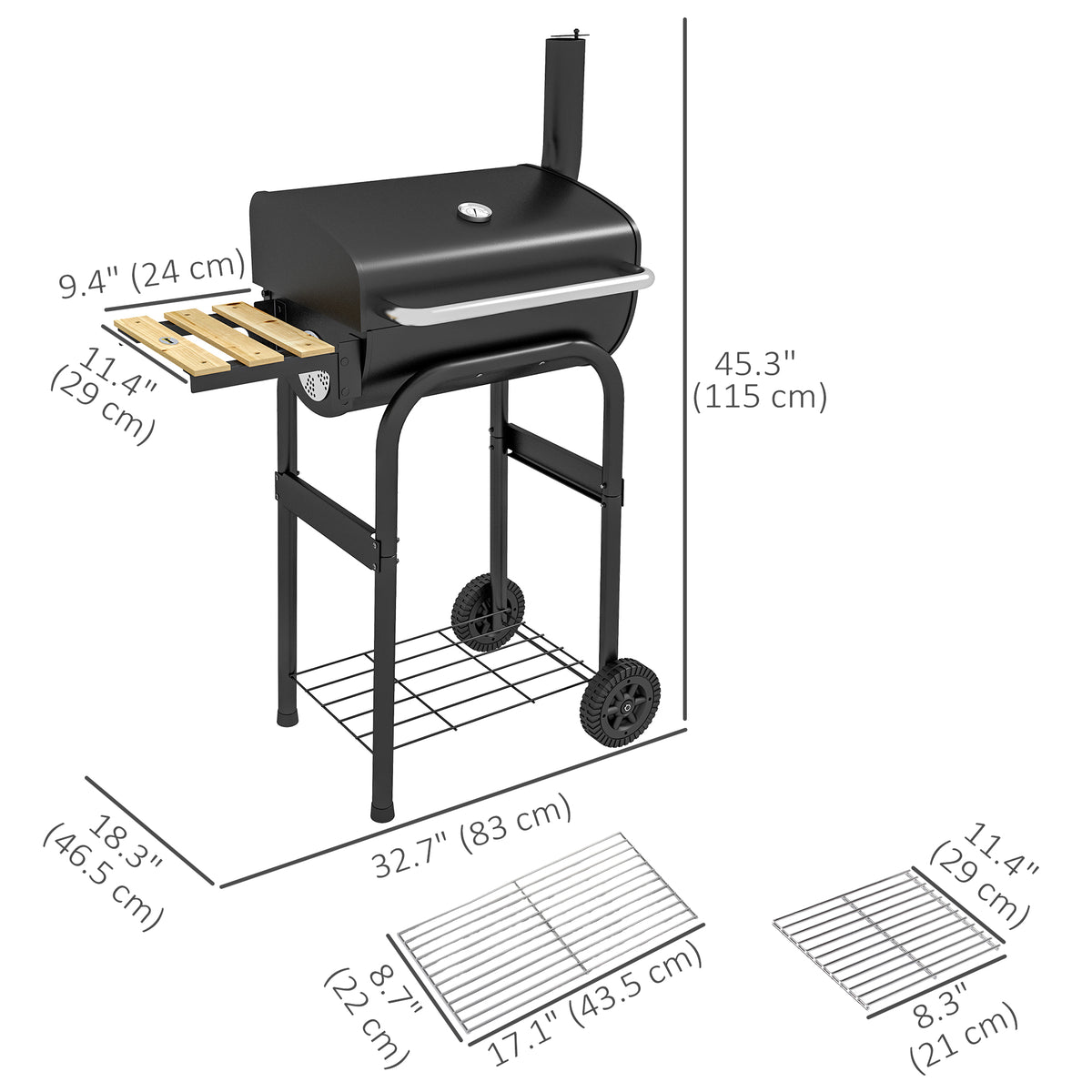 Charcoal BBQ with thermometer and wheels