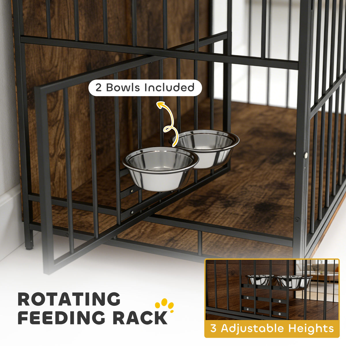 Dog crate furniture table rotating bowls rustic