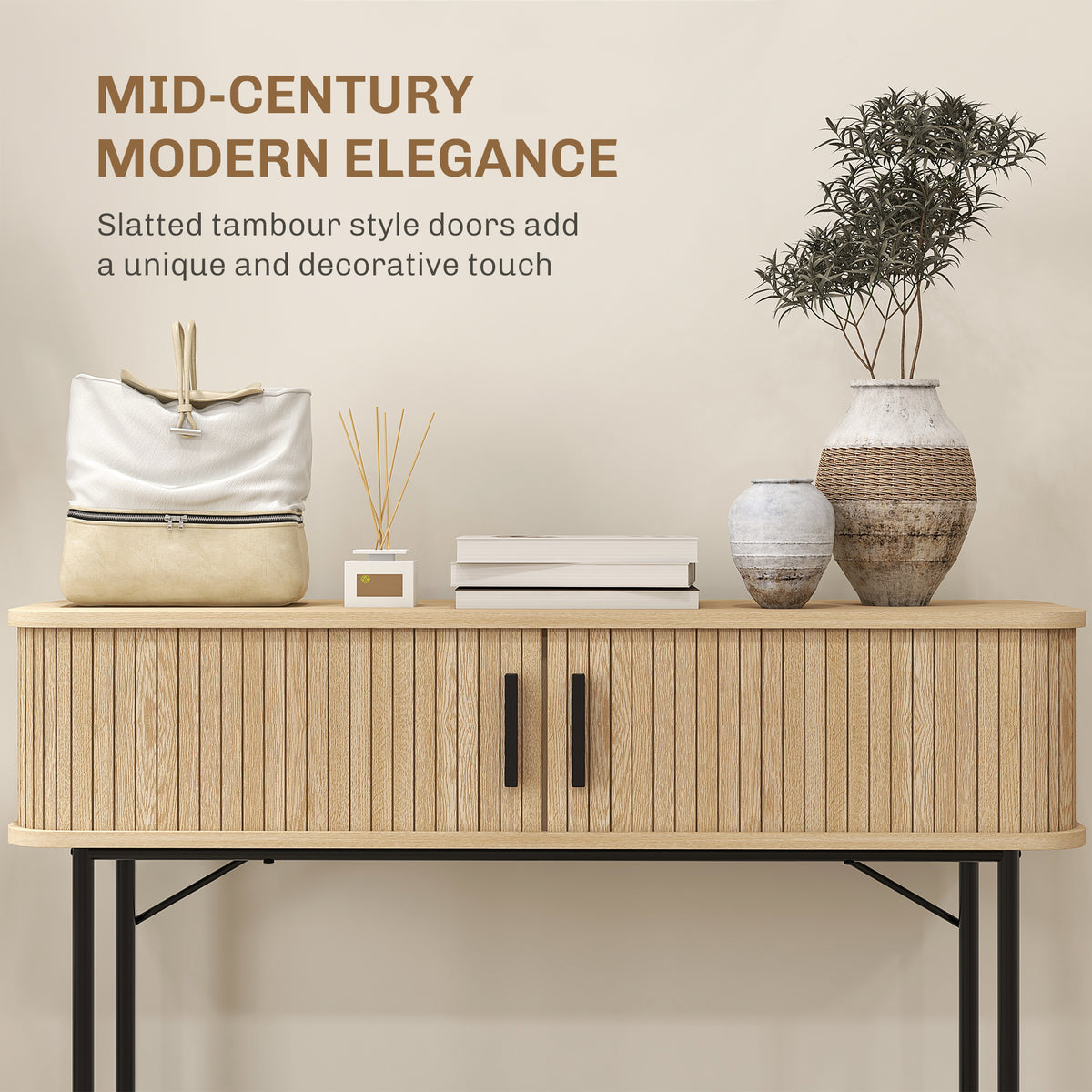 Mid-Century Console Table with Tambour Doors and Storage