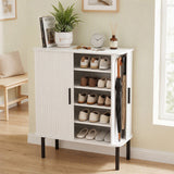 Shoe storage cabinet with tambour doors and adjustable shelves