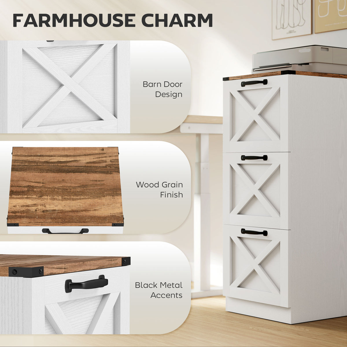 3 Drawer Farmhouse Vertical Filing Cabinet