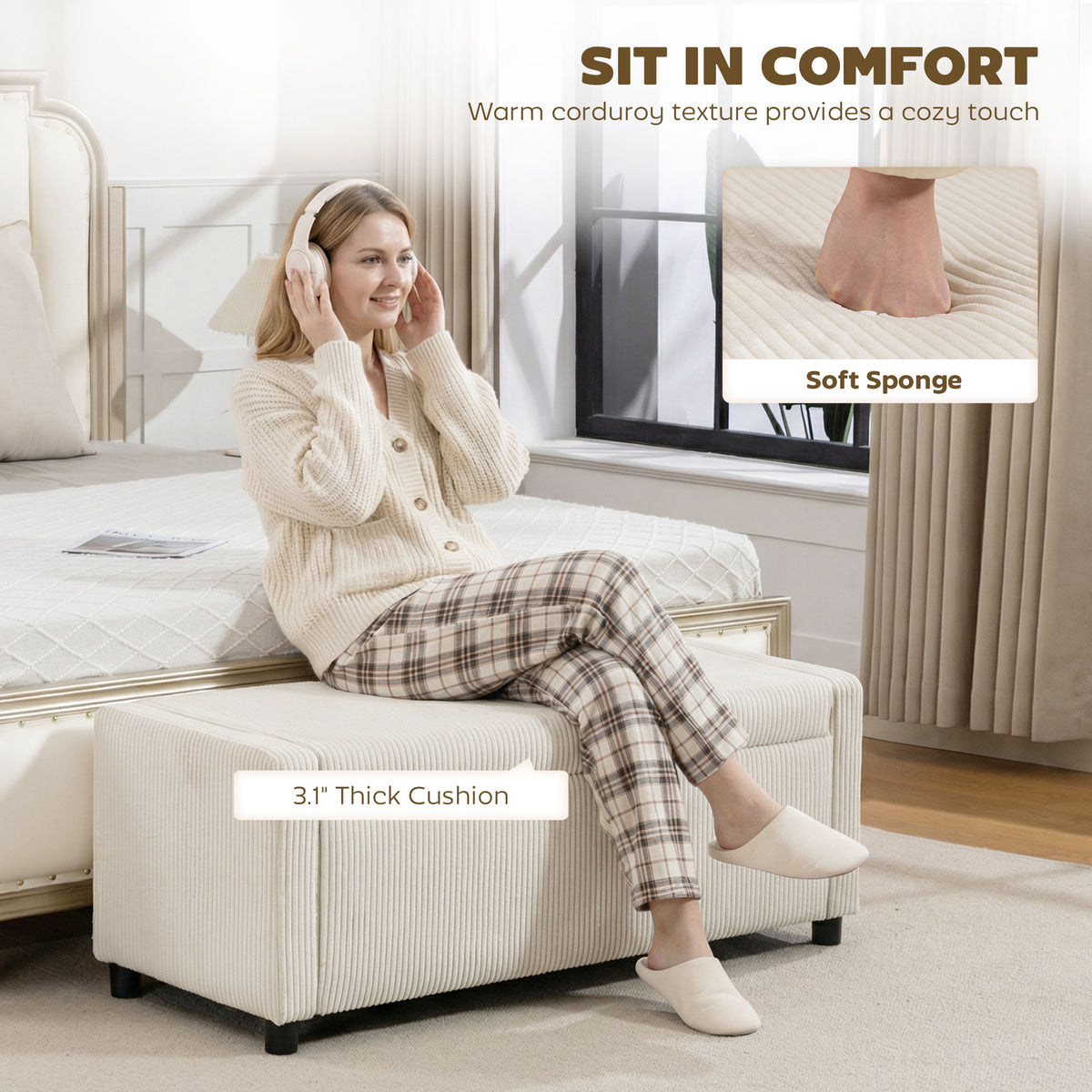 Upholstered Corduroy Storage Ottoman Bench