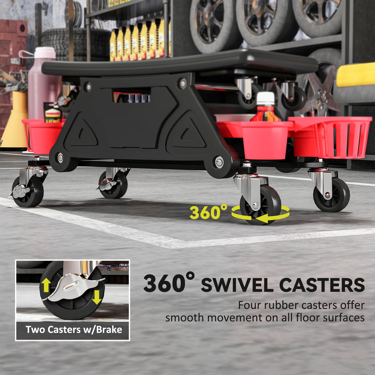 Rolling garage stool with wheels and tool trays
