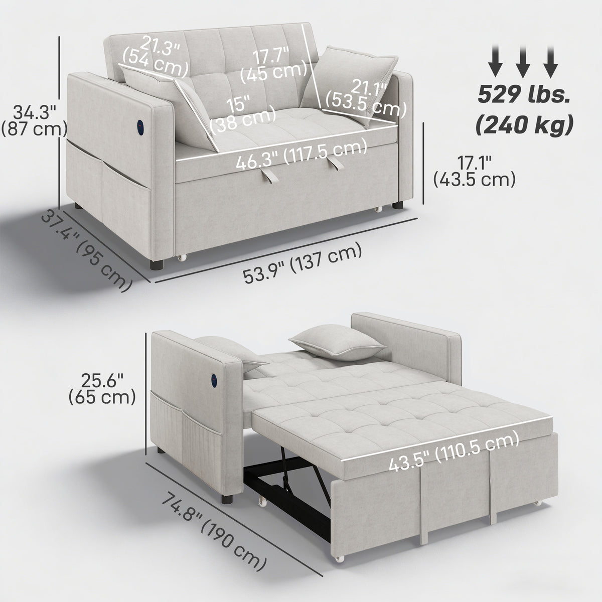 Convertible 3-in-1 Sofa Bed with USB Charging