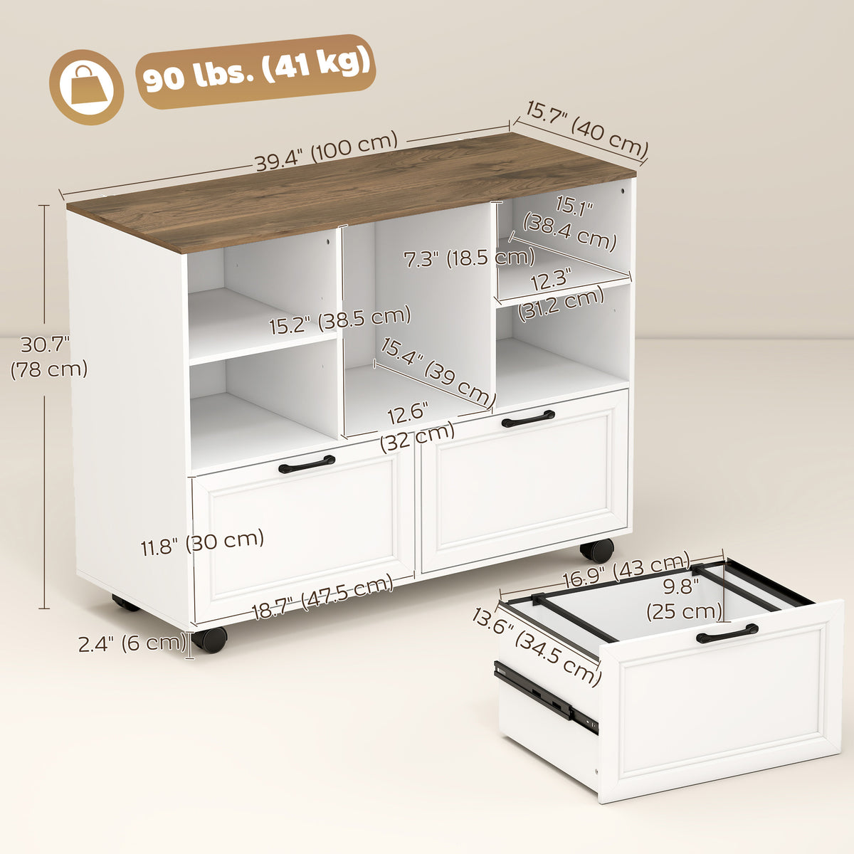Lateral Mobile Filing Cabinet with Two Drawers