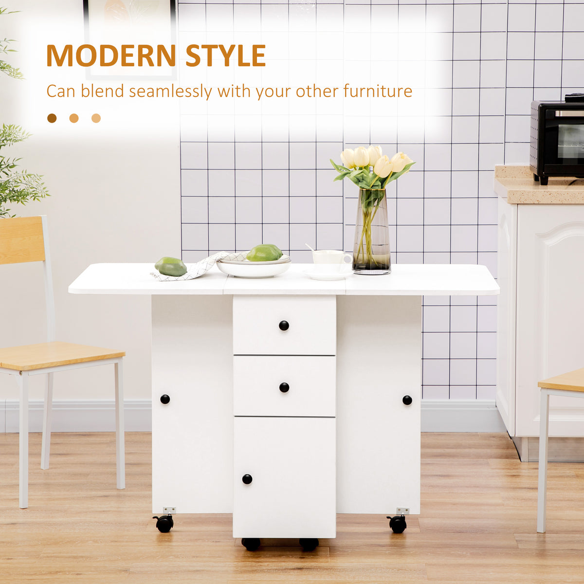 Mesa de comedor plegable y abatible con almacenamiento y ruedas
