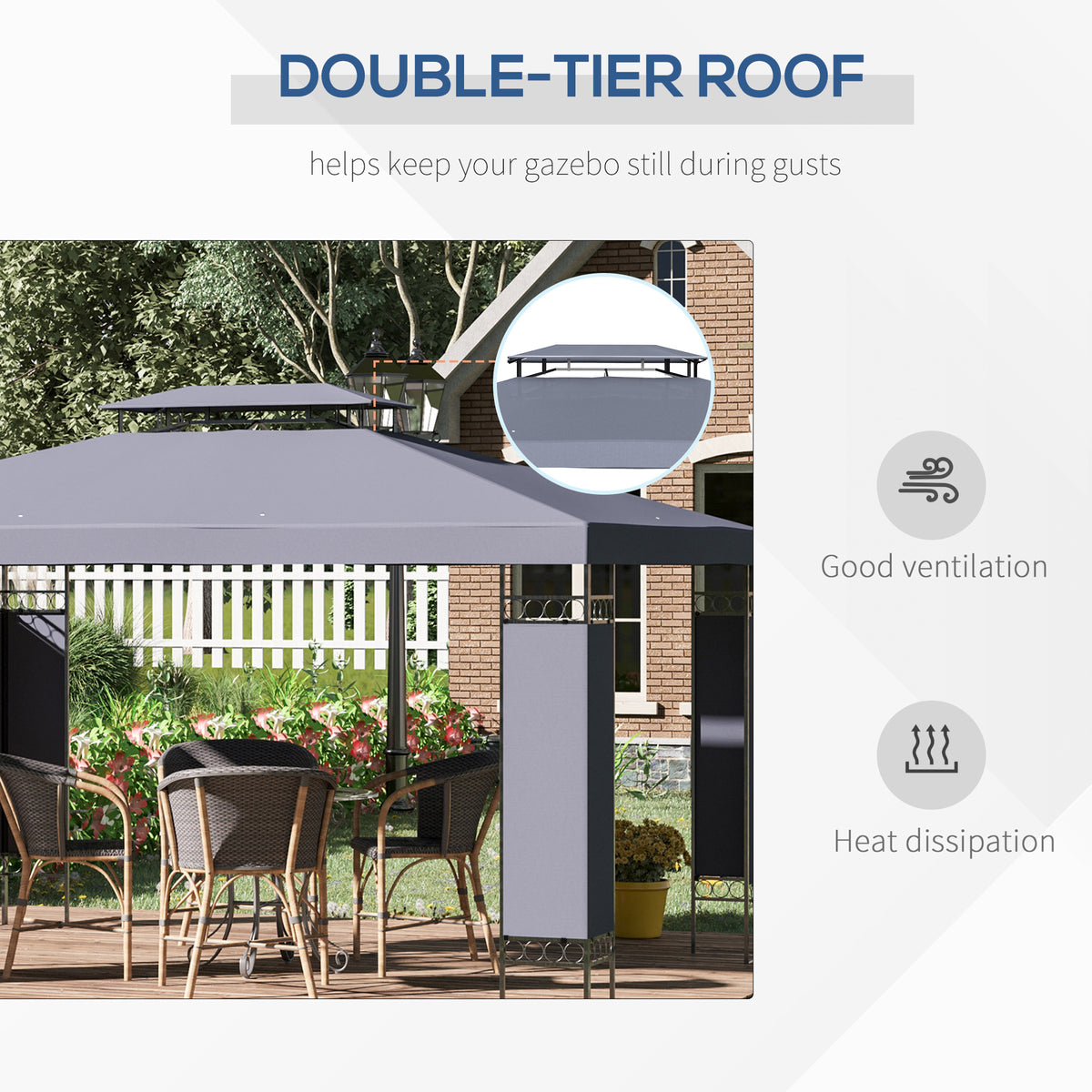 3x4m Grey Double-Roof Outdoor Gazebo