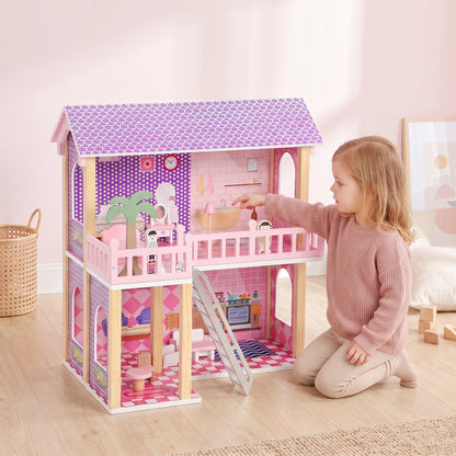 Casa de muñecas de madera con muebles