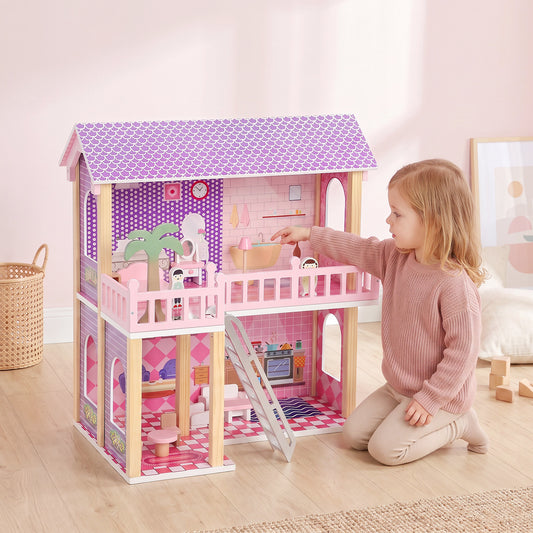 Casa de muñecas de madera con muebles