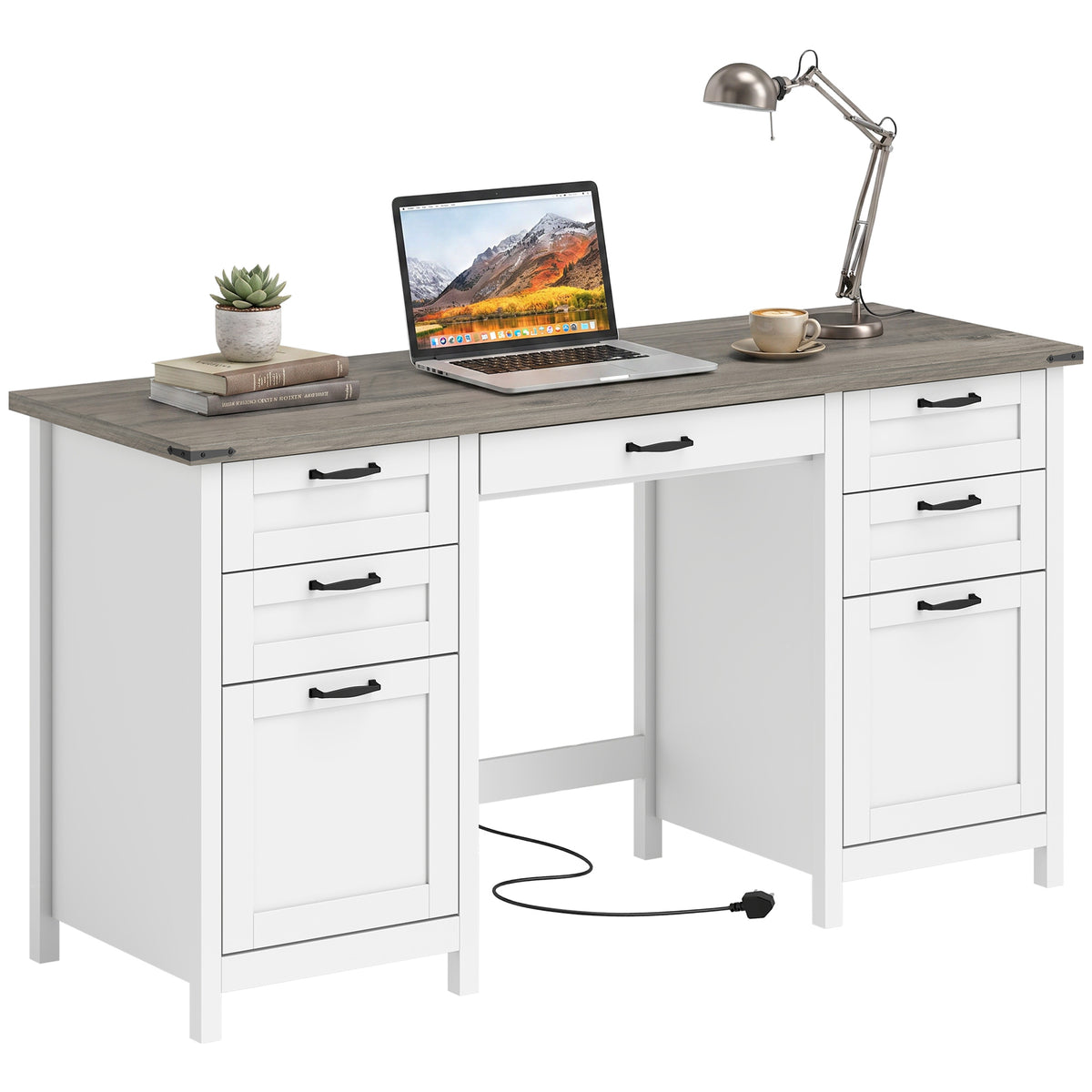 Computer Desk with Seven Drawers and Charging Station