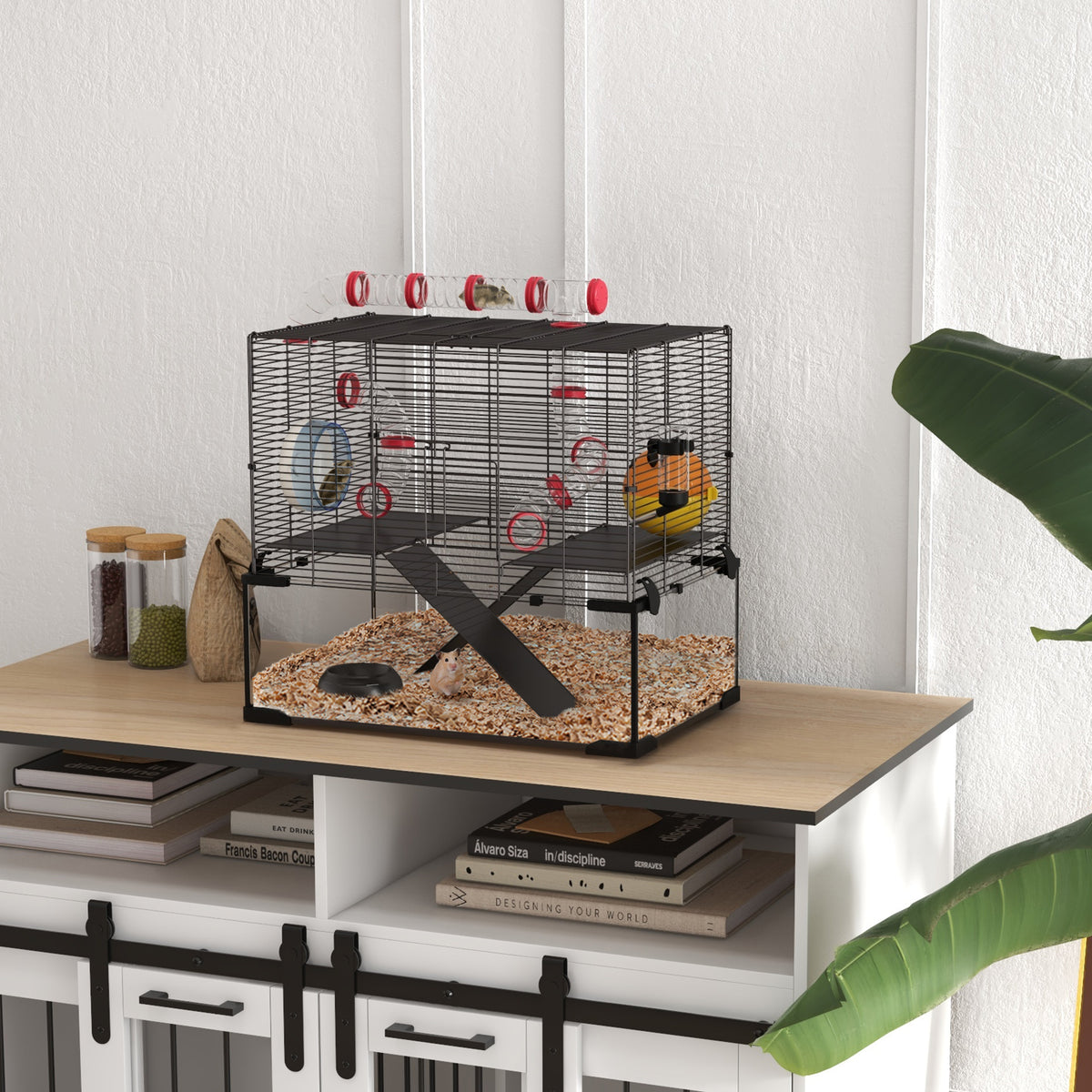 Multi-tier hamster cage with glass bottom