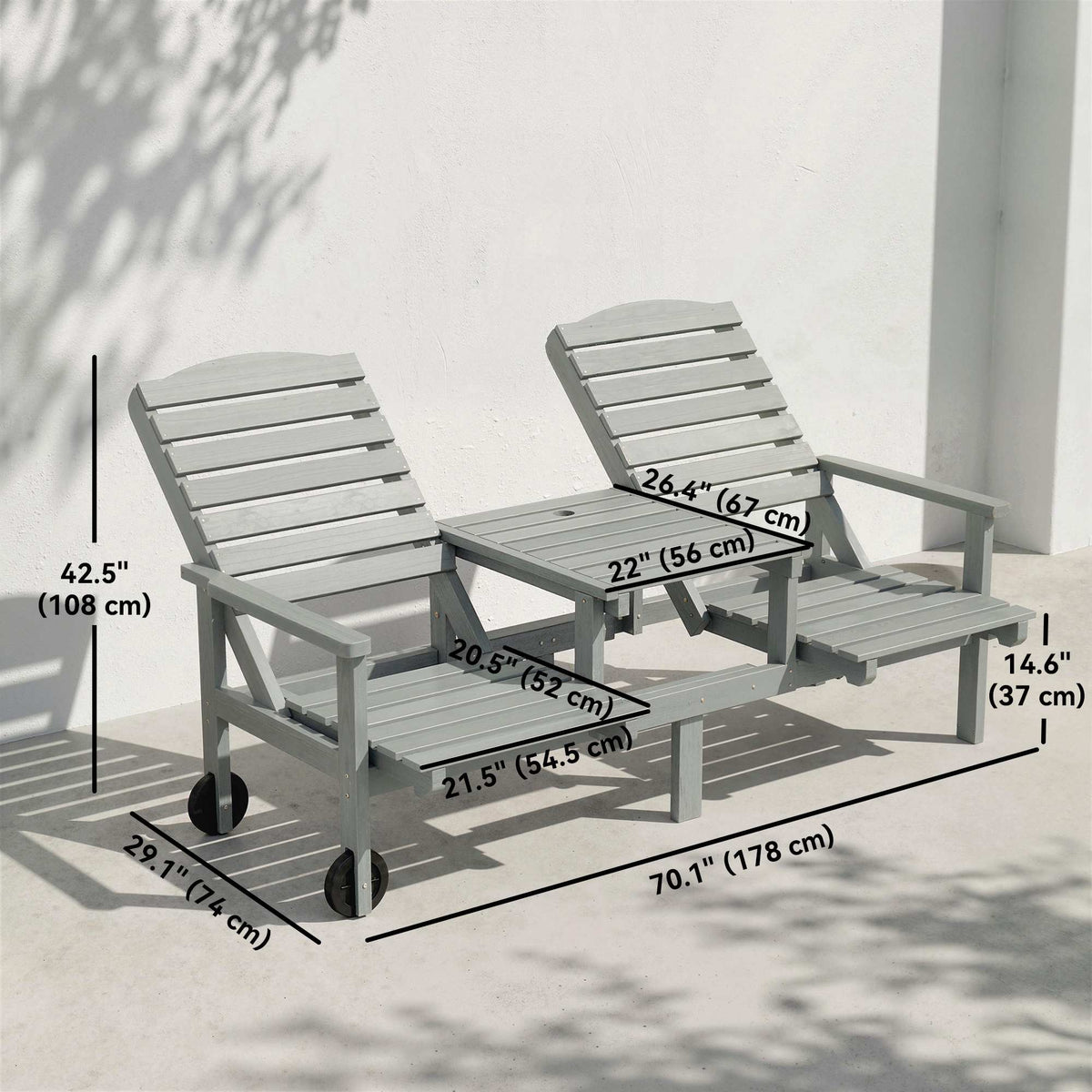 2-Seater Outdoor Bench Adjustable High Back with Wheels