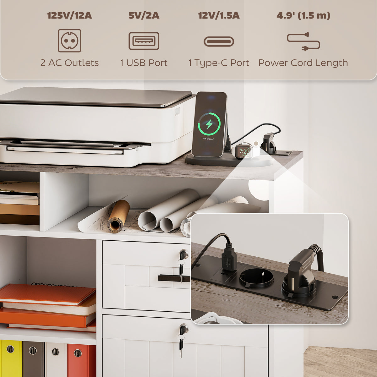 Mobile Printer Cabinet with Charging Station