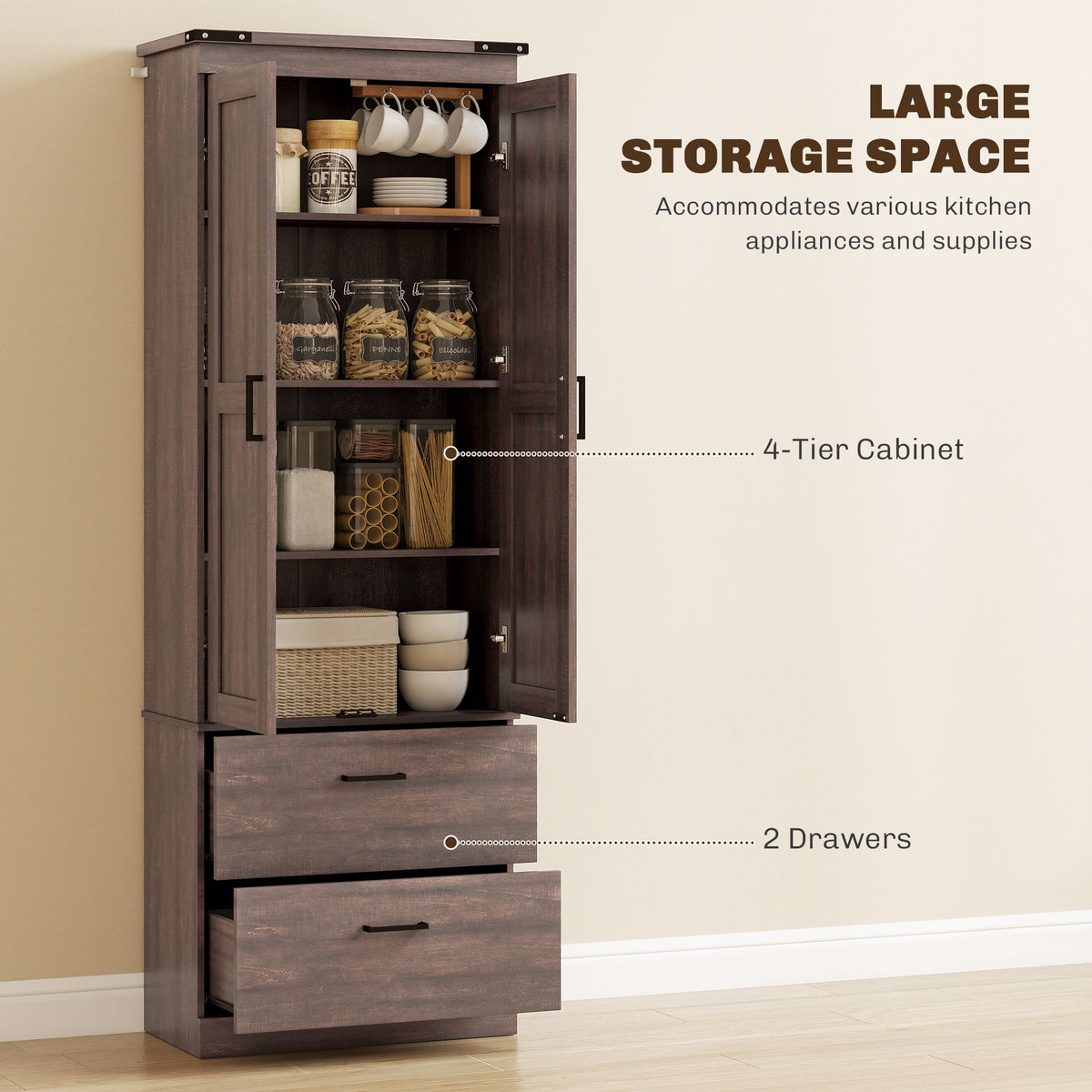 Tall Kitchen Pantry Cabinet 4-Tier with Drawers