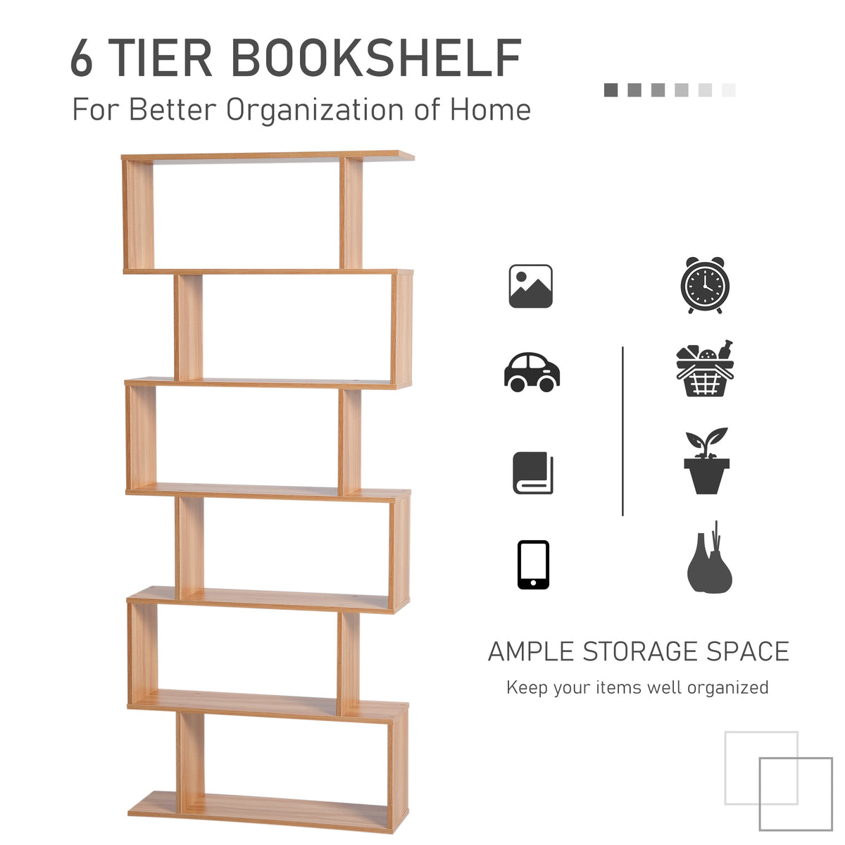 Modern 6-Tier Geometric Wooden Bookshelf
