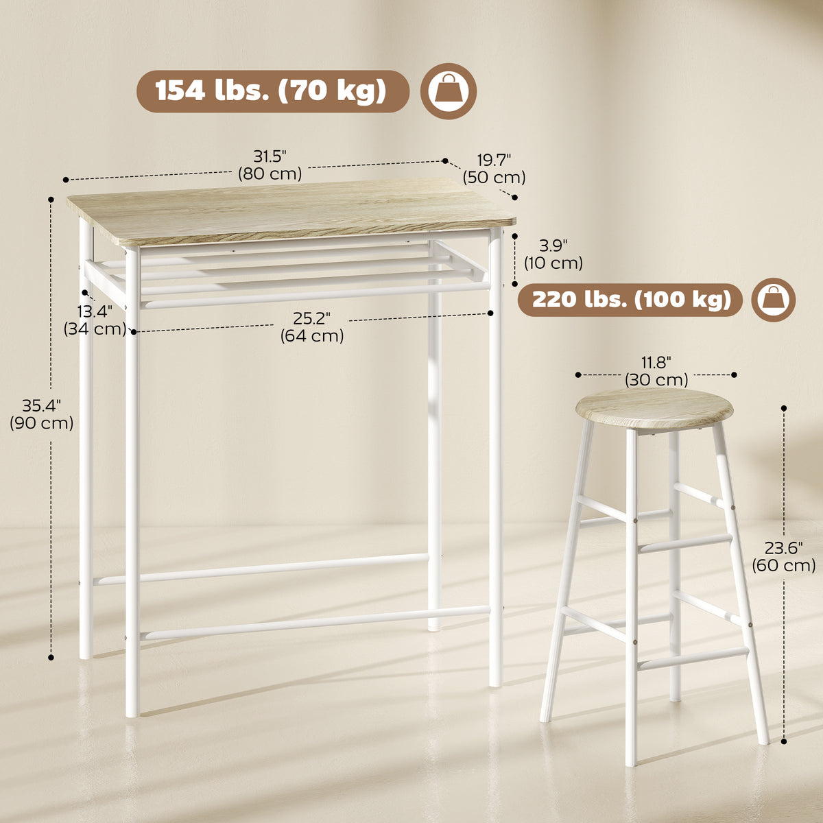 Conjunto de mostrador de 3 piezas con mesa y taburetes