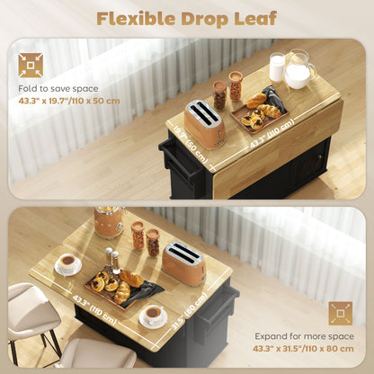 Portable kitchen island cart with charging station and drop leaf