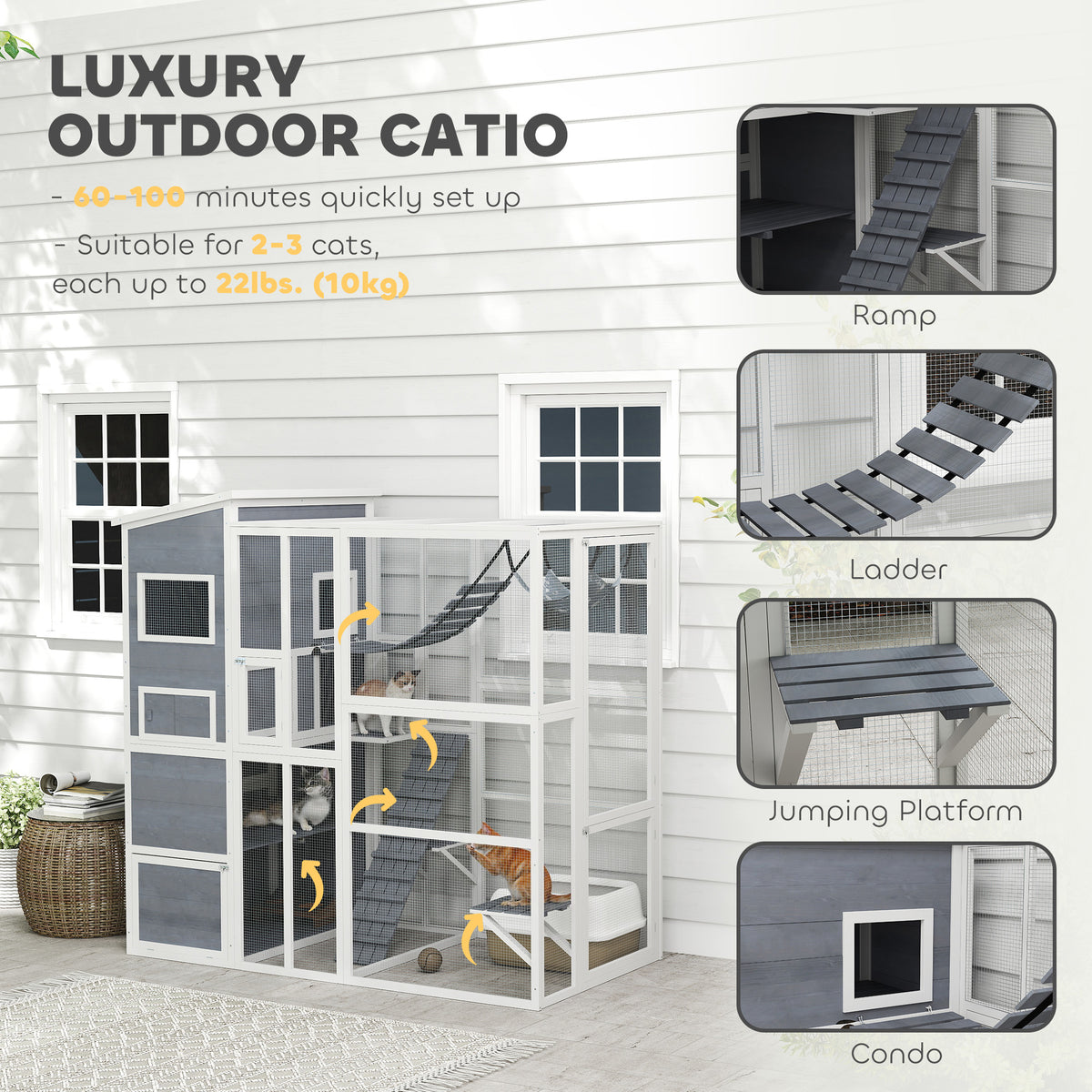 Outdoor wooden cat enclosure with condo and hammock