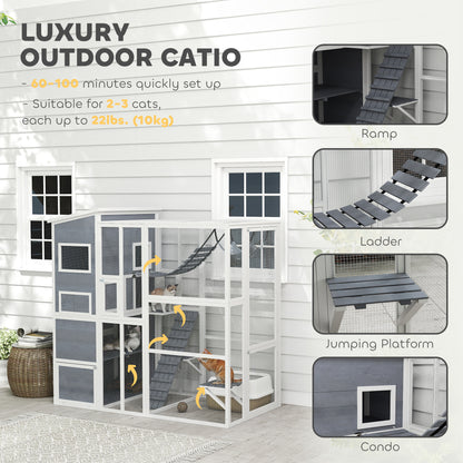 Outdoor wooden cat enclosure with condo and hammock