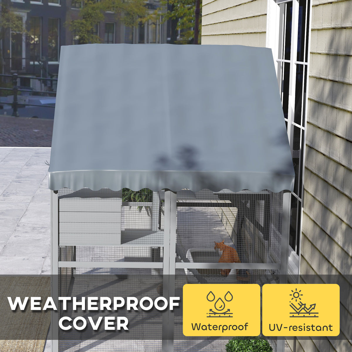 Corral exterior de madera para gatos con techo impermeable