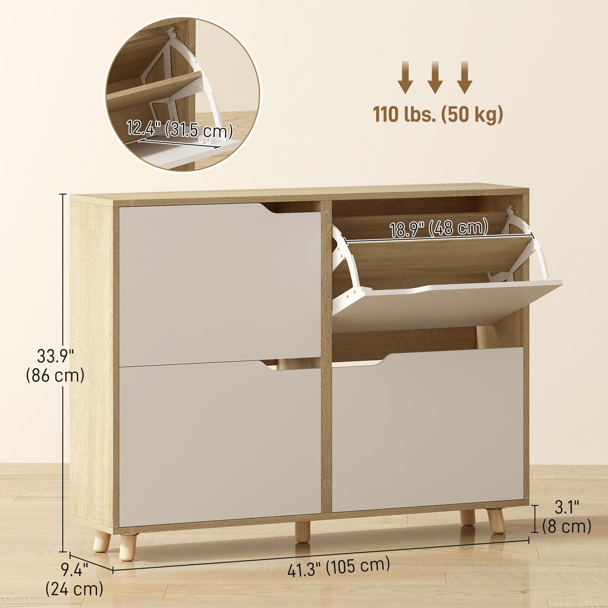 Narrow shoe cabinet with flip drawers