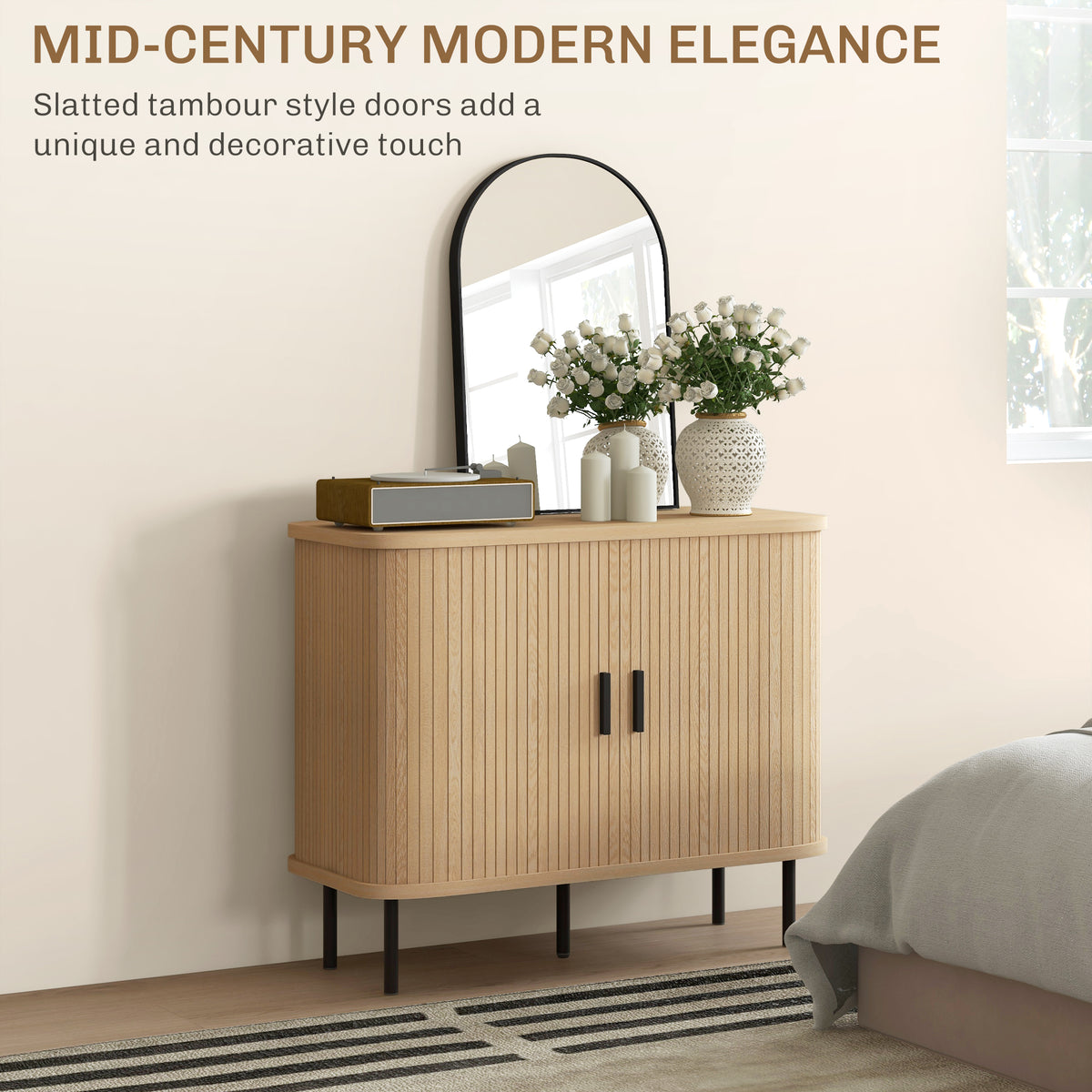 Nordic Sideboard Cabinet Slatted Tambour Doors Metal Legs