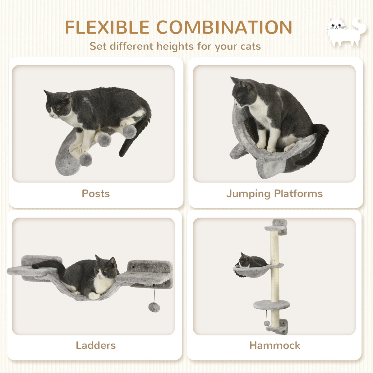 Cat wall climbing shelf set with scratching post — Set of 4