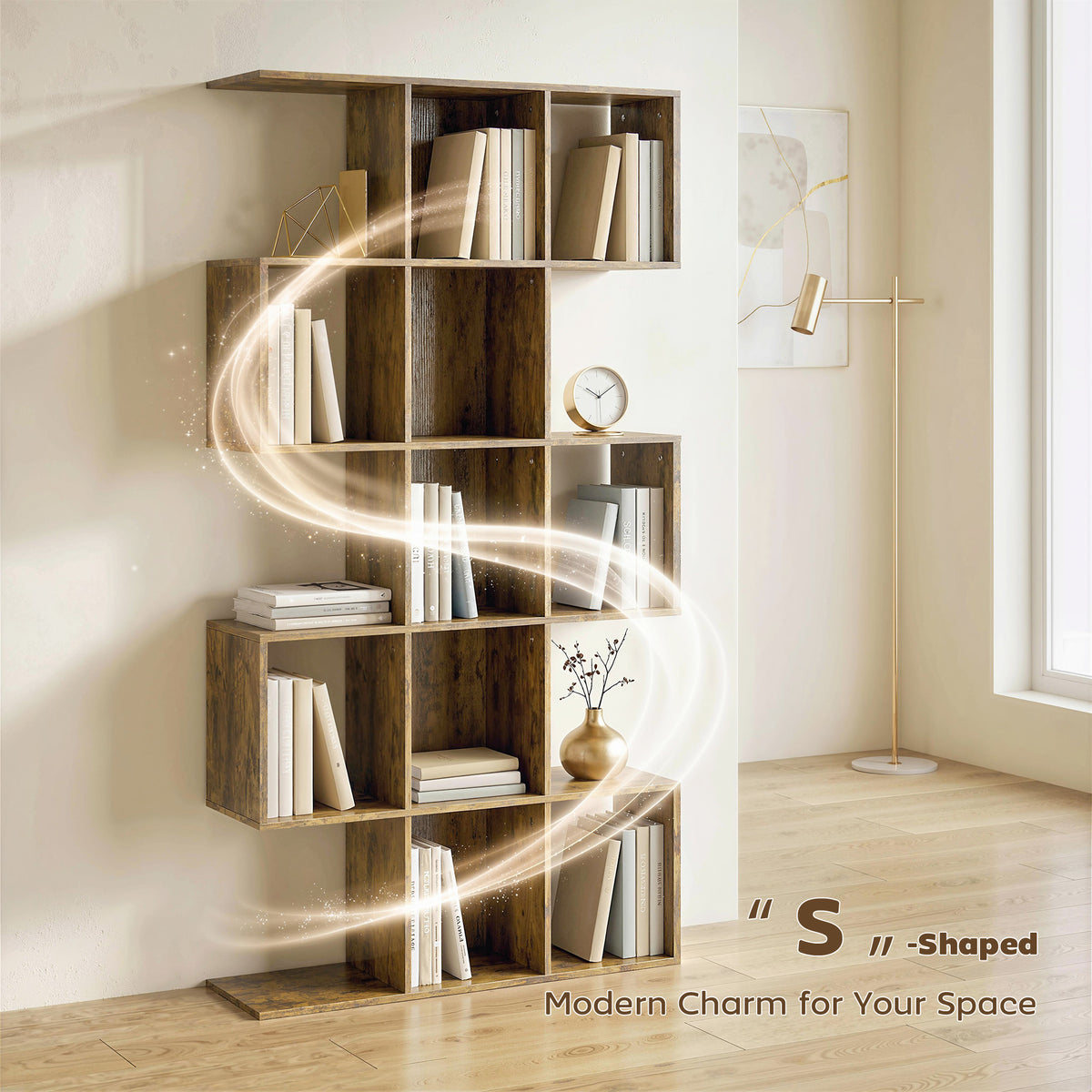 5-Tier S-Shaped Bookshelf — 15 Compartments