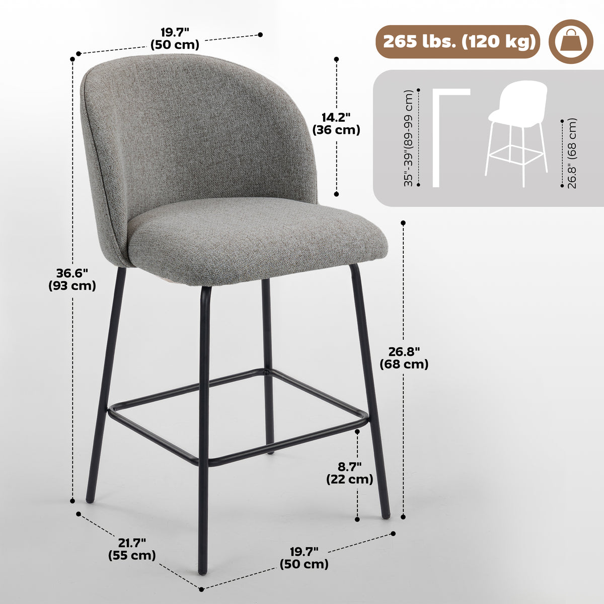 Set of 2 Counter Height Barstools with Backrest