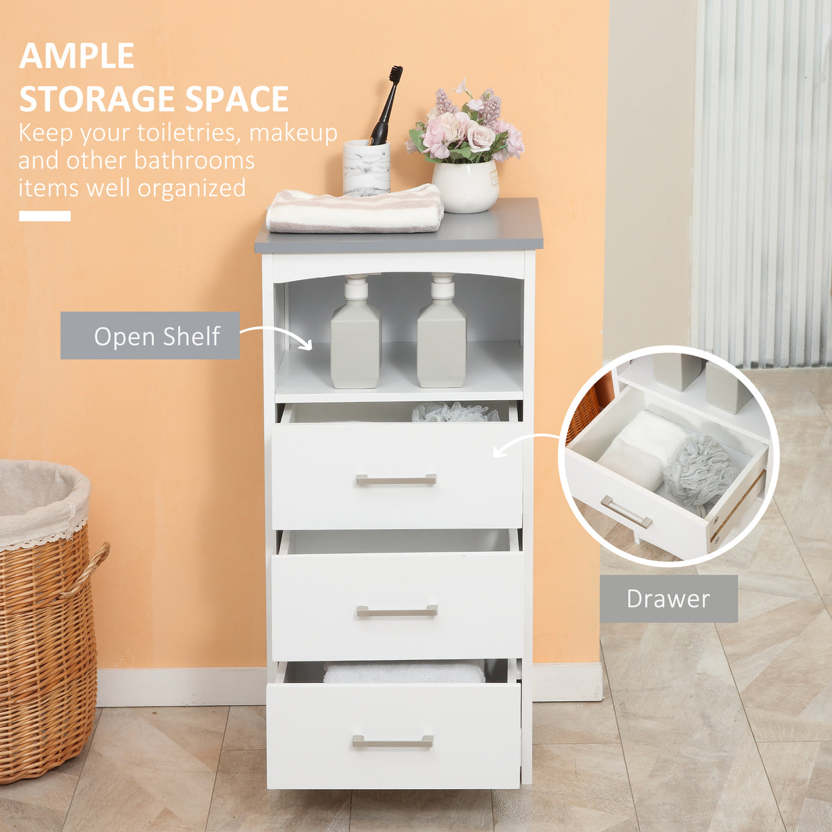 Narrow Bathroom Floor Cabinet with 3 Drawers