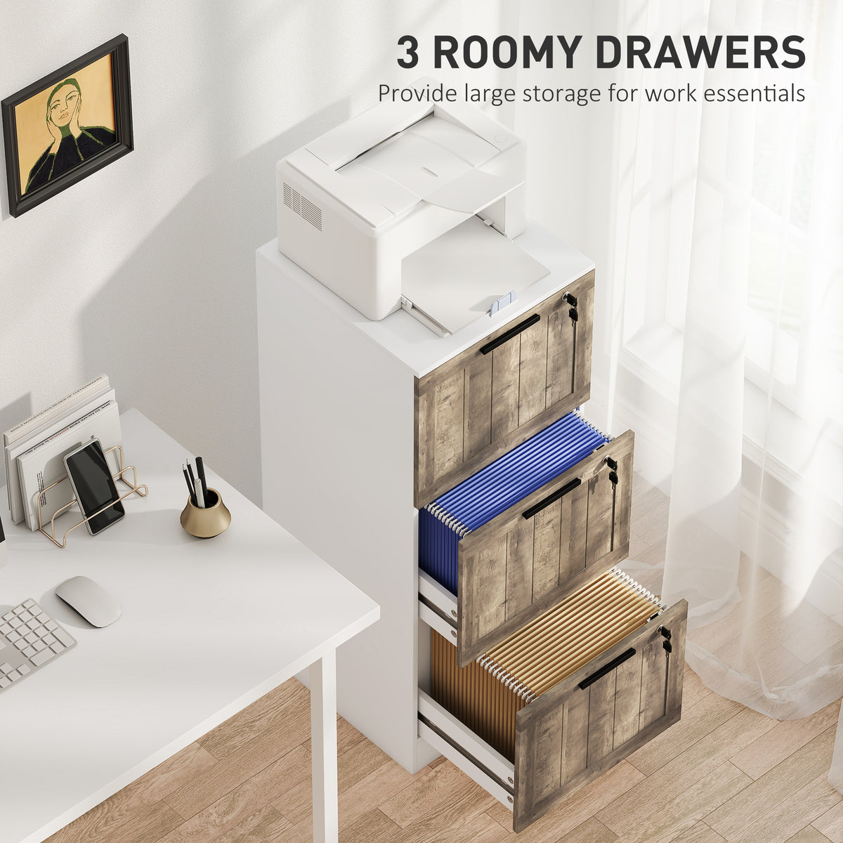 3-Drawer Farmhouse Filing Cabinet with Lock